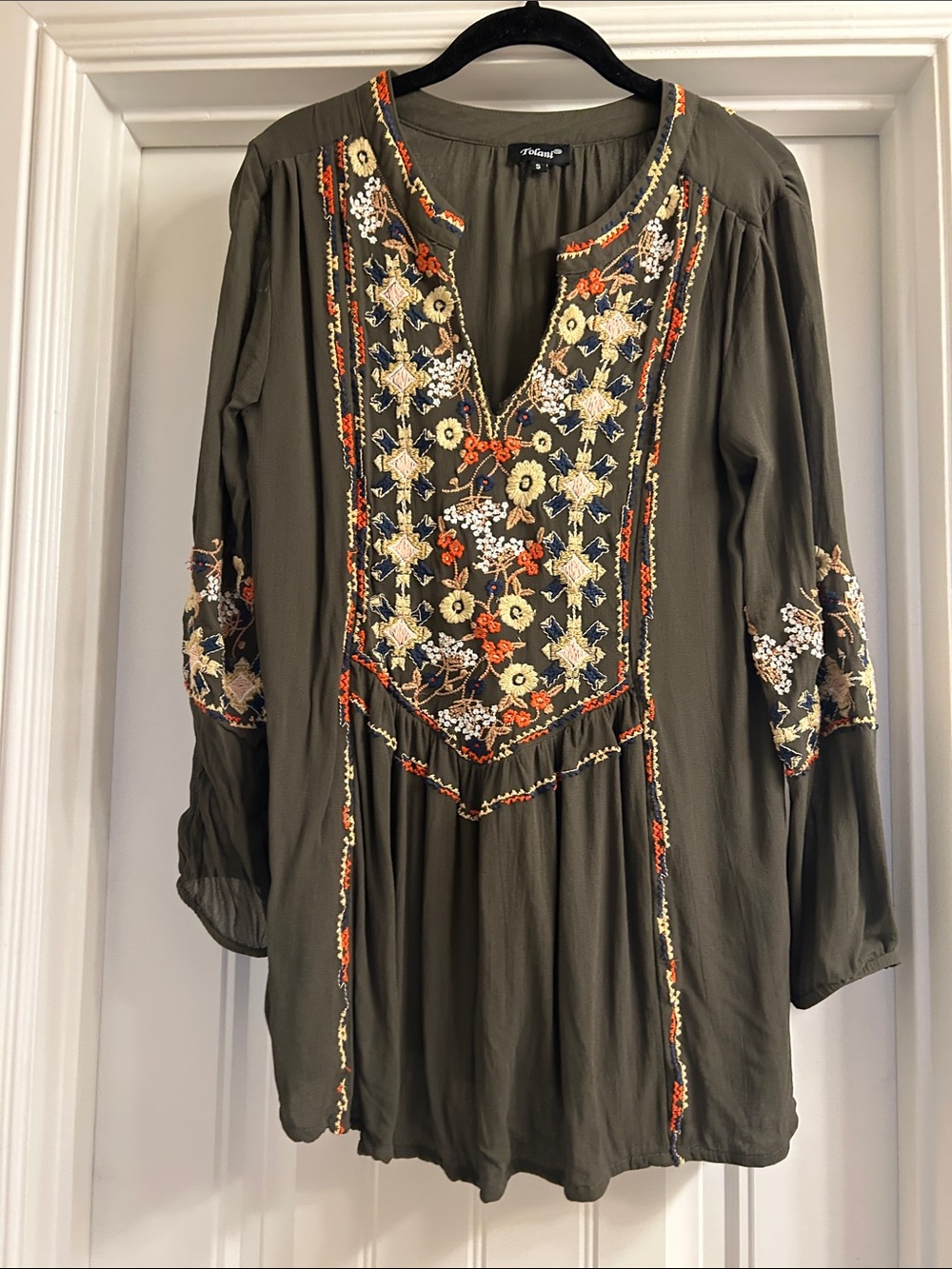 Tolani Olive Green Embroidered V-Neck Tunic with Multi-Color Floral Accents